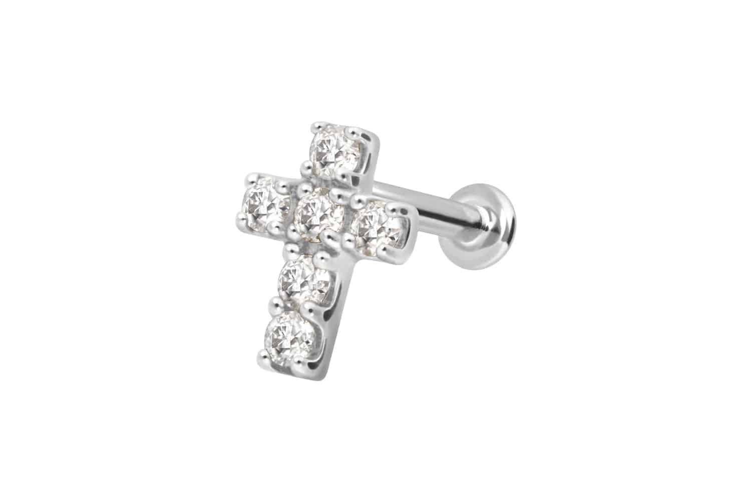 14 Karat Gold Labret Piercing mit Innengewinde MOISSANIT-KREUZ